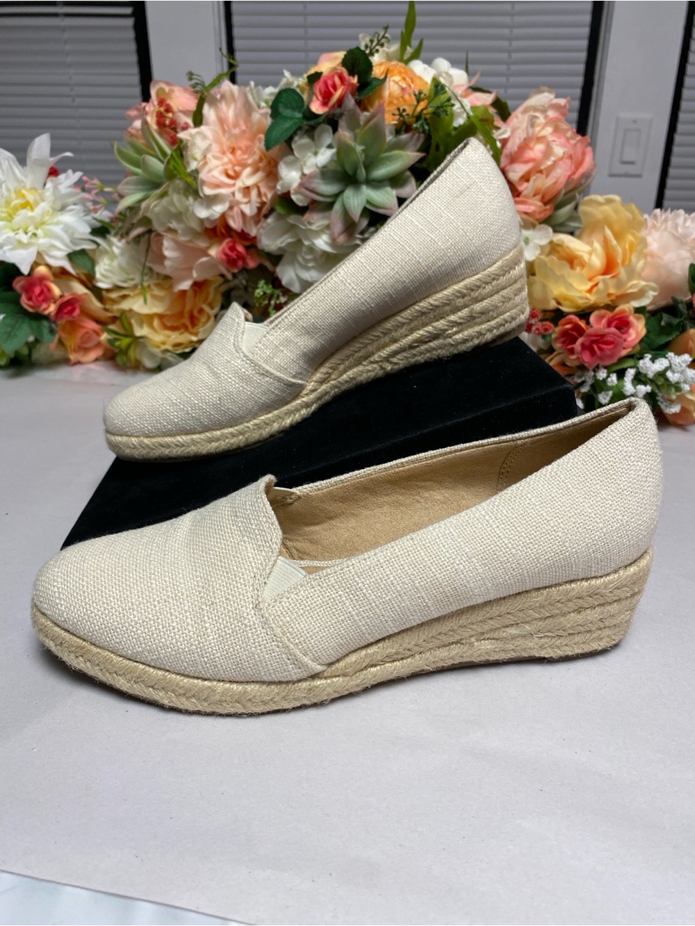LifeStride Kamilla Cream Linen Espadrille Wedge Slip-On Comfort Shoes Women’s 8M